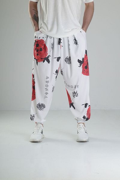 COCOPELLI White Chinese Tree Patterned Pleated Half Baggy