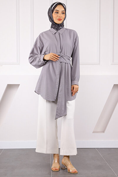 İmajButik Gray Belt Detailed Wrap Shirt