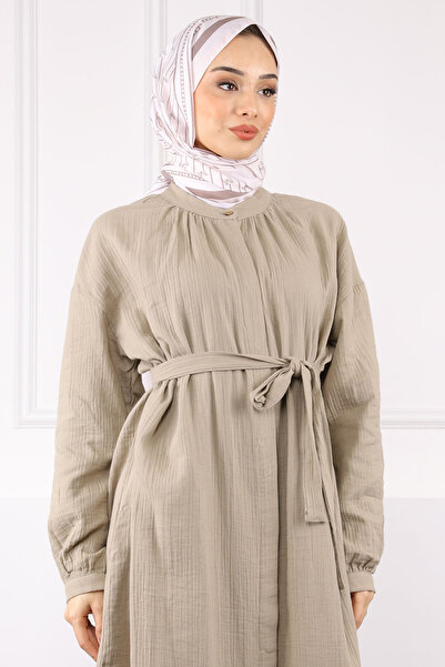 İmajButik Φόρεμα μουσελίνας με ζώνη χακί