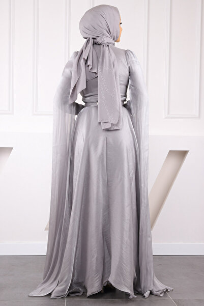 İmajButik Gray Shoulder Detailed Draped Evening Dress