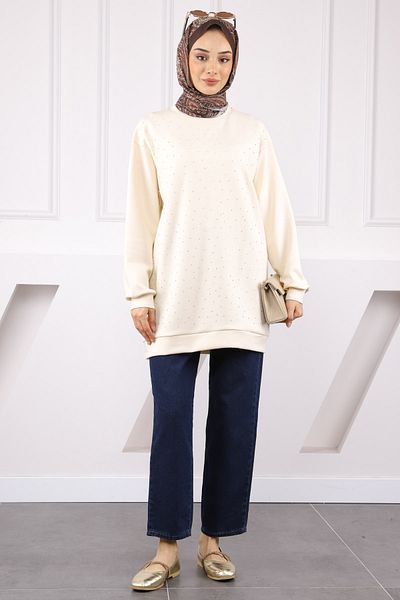 İmajButik Cream Crew Neck Stone Modal Tunic