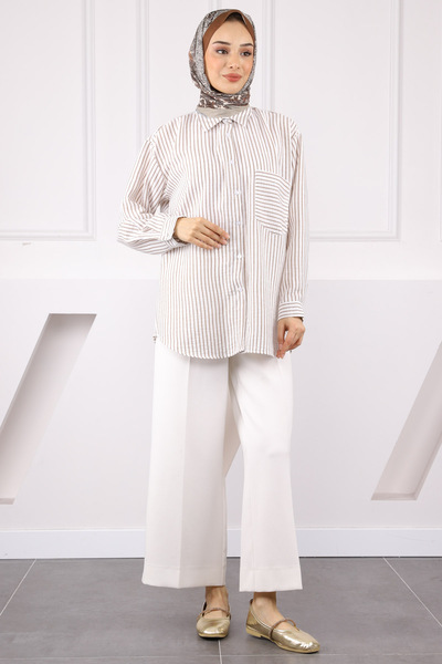 İmajButik Καφέ ριγέ πουκάμισο με μία τσέπη