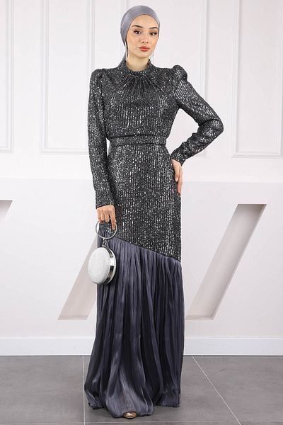 İmajButik Smoked Sequined Skirt Pleated Evening Dress