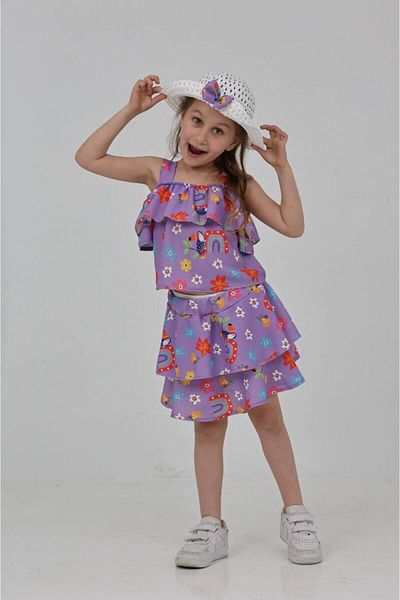 ARBİ kids Girl's Katkat Straw Hat with Straps, Double Summer Vacation Suit