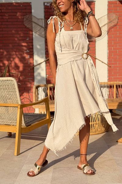 Güneşkızı Beige Strappy Asymmetrical Self-Belted Muslin Dress That Can Be Casual Woven Skirt 85 60