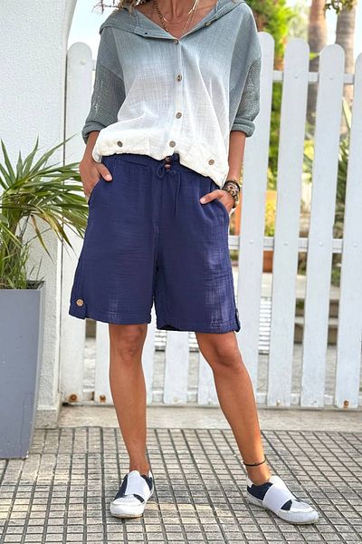 Güneşkızı Navy Blue Pocketed Buttoned Elastic Waist Muslin Loose Woven Shorts 47 36