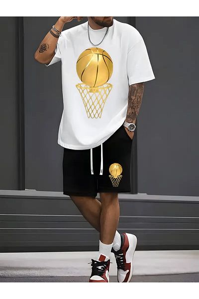 PENTHİLUS Set sport casual din 2 piese pentru bărbați, cu top cu mâneci scurte și pantaloni scurți cu imprimeu de baschet
