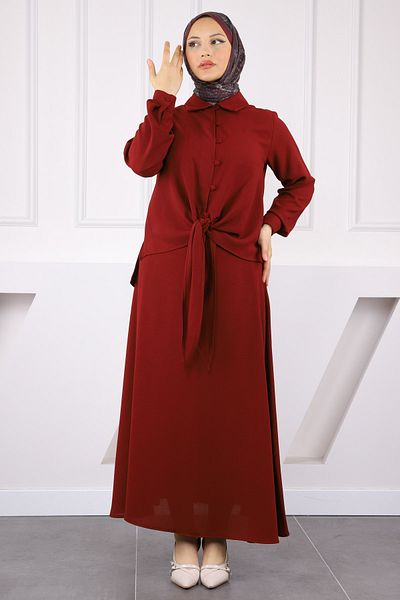 İmajButik Κοστούμι πουκάμισο Claret Red με φούστα με δέσιμο μπροστά