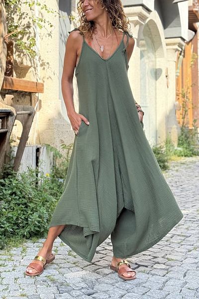 Güneşkızı Khaki Shoulder Tie Pocket Cotton Loose Woven Jumpsuit 135 60