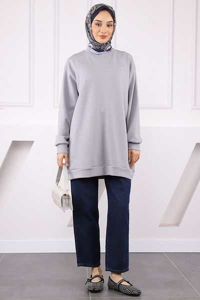 İmajButik Gray Crew Neck Stone Modal Tunic