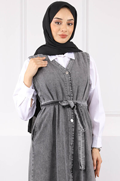 İmajButik Smoked Waist Belted Pocket Denim Gilet