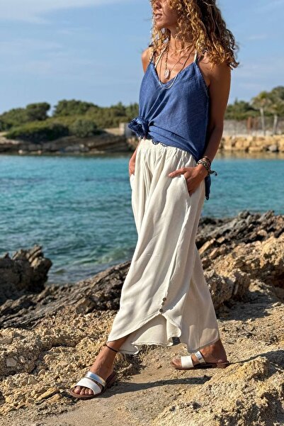 Güneşkızı Beige Pocketed Asymmetrical Soft Textured Buttoned Loose Woven Trousers 90 30