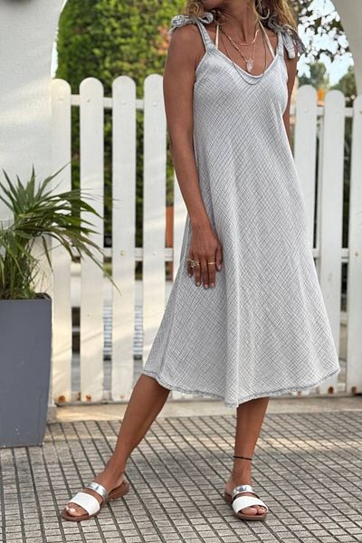 Güneşkızı Gray Straps Textured Washed A-Form Fit Woven Dress 100 50