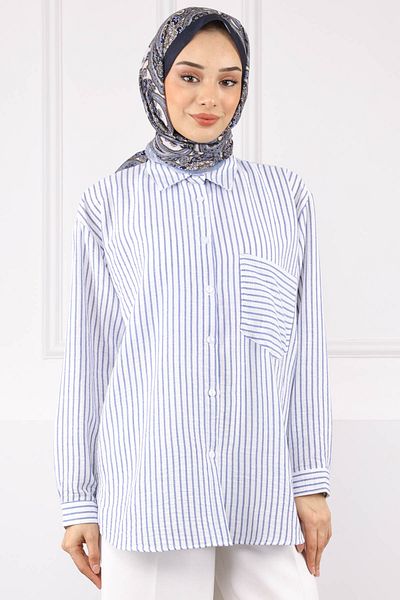 İmajButik Μπλε Navy Μπλε ριγέ πουκάμισο με μονή τσέπη