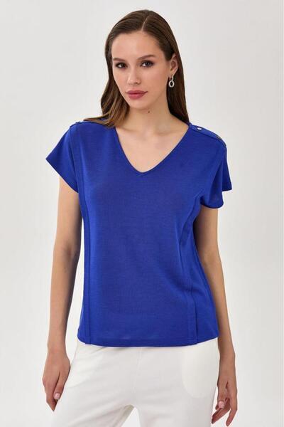 İKİLER V Yaka Omzu Çıtçıt Detaylı Bluz 025-1012