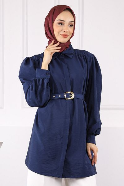 İmajButik Navy Blue Belted Modal Tunic