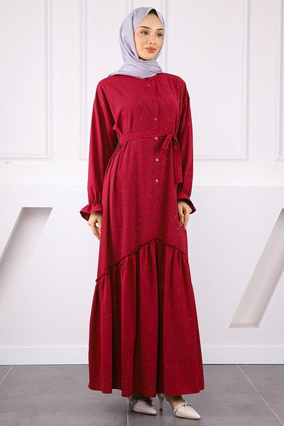 İmajButik Burgundy Skirt Gathered Waist Belted Linda Dress