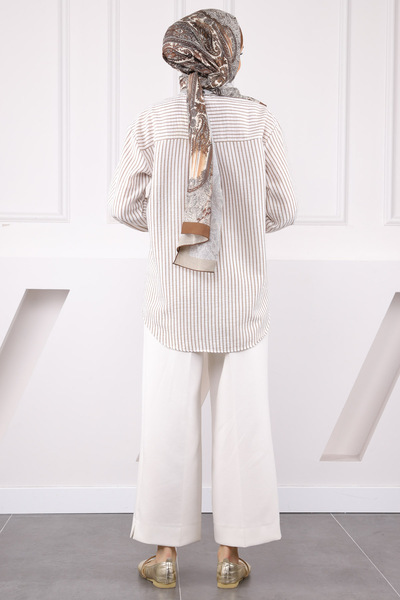 İmajButik Καφέ ριγέ πουκάμισο με μία τσέπη