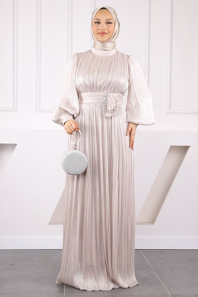 İmajButik Stone Pleated Stone Chiffon Evening Dress