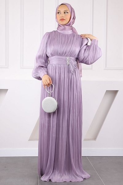 İmajButik Βραδινό φόρεμα σιφόν λιλά πλισέ πέτρα