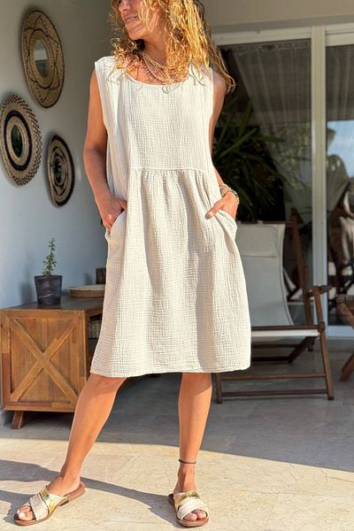 Güneşkızı Beige Sleeveless Pocket Cotton A-Form Fit Woven Dress 100 50