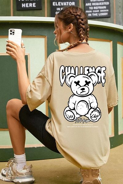 qavnas Μπλουζάκι Unisex Challenge Bear με χαλαρή εφαρμογή μπεζ