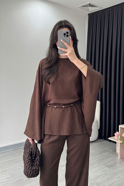 ECEMİ Nancy Beaded Belted Brown Cape Set