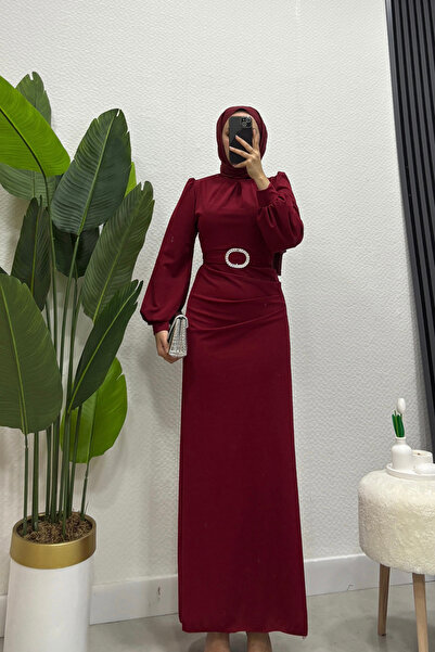 Tarzım Tuba Scuba Seçil Detailed Hijab Dress in Burgundy