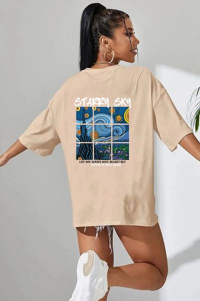 yueswear Μπλουζάκι Unisex Starry SKY με εμπριμέ χαλαρή εφαρμογή μπεζ