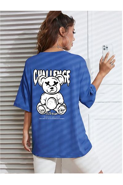 yueswear Μπλουζάκι Unisex Challenge Bear με χαλαρή εφαρμογή Sax-Blue