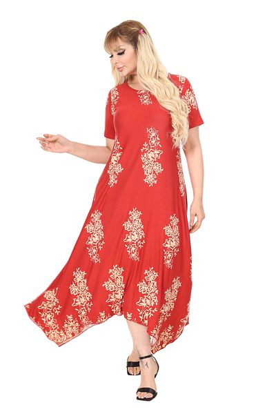 MELSAY Women's Short Sleeve Asymmetrical Pomegranate Flower Panel Pattern Large Size Dress