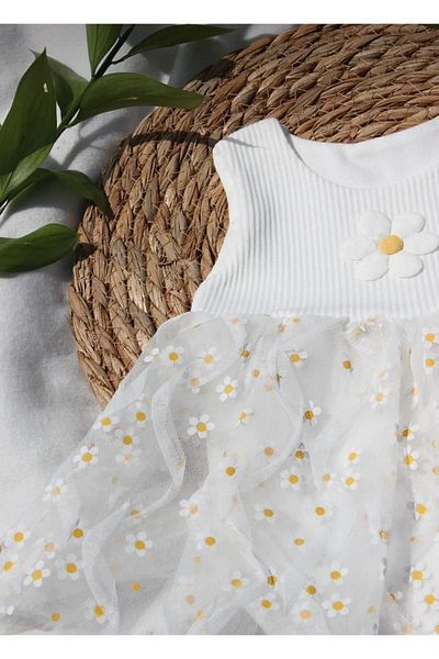 XORVİO Girl's Daisy Pattern Baby Tulle Snap Fastener Dress Summer Cotton Evening Dress Wedding Dress Gift Stylish