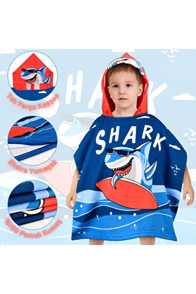Bebetopya Baby Shark Köpek Balığı Desenli Bebek ve Çocuk Plaj Banyo Havlusu P...