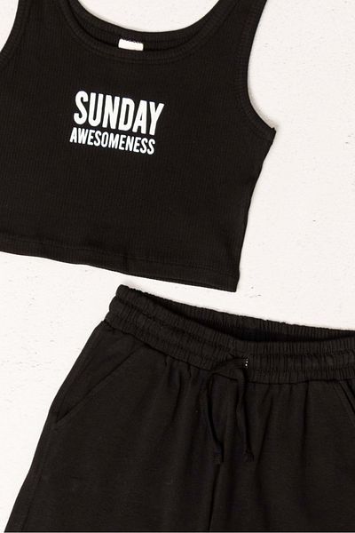 wakawakakidsstore Sunday Awesomeness" Set pentru fete cu top și pantaloni scurți cu bretele roz imprimate - negru
