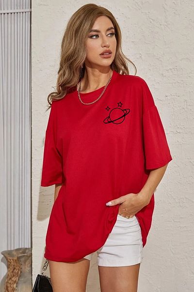yueswear Unisex Saturn Printed Relaxed Fit Red T-Shirt