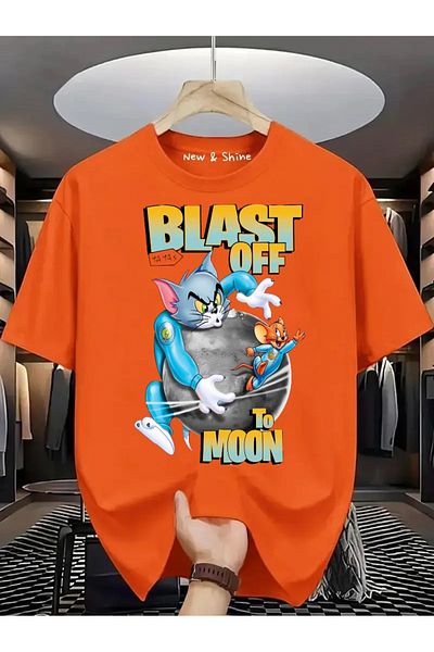 New Shine Blast Off to Moon Tom and Jerry Printed Large Size Oversize T-Shirt