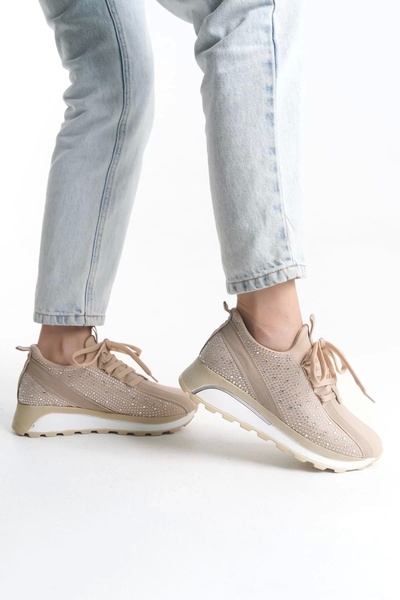 Genel Markalar ALYA Bağcıklı Ortopedik Taban Taşlı Kadın Sneaker Spor Ayakkabı BT - Krem