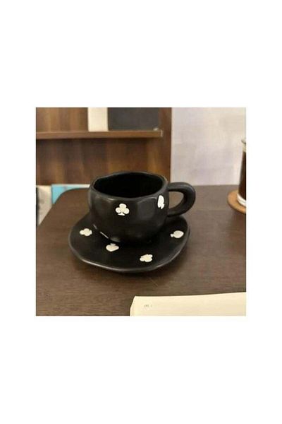 Generic كوب سيراميك أسود أنيق بتصميمات بيضاء جذابة