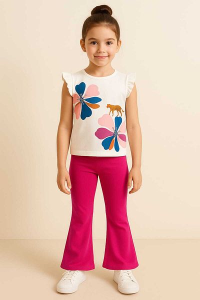 gigigiyim Tricou pentru fetiță cu mâneci cu volane, cu imprimeu floral, alb