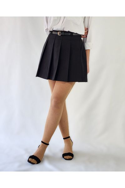 YAXİ FUSTA PLEATĂ NEGRĂ CU CUREA CU TALIE ÎNALTĂ
