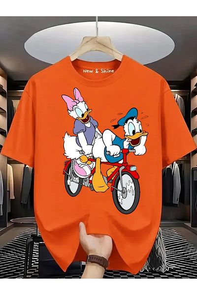 New Shine Daisy Donald Duck on a Bicycle Printed Large Size Oversize T-Shirt