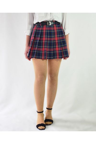 YAXİ Belted High Waist Red Plaid Woven Pleated Skirt