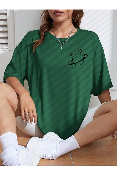 memowear Unisex Saturn Printed Loose Cut Πράσινο T-Shirt