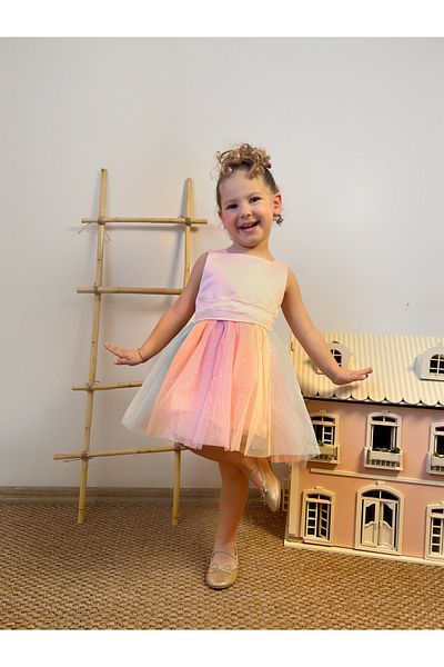 penu baby kids Salmon Top Sleeveless Satin Square Collar Colorful Skirt Bow Girl's Baby Girl Dress