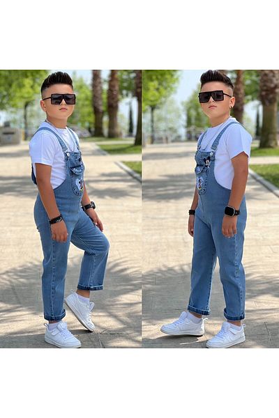 yns coolstar Mcky Cute Character Embroidery Unisex Cotton Jeans Salopet Jumpsuit