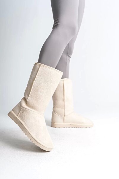 Genel Markalar FREYA Bağcıksız Düz Taban İçi Kürklü Süet Kadın Bot KT Krem