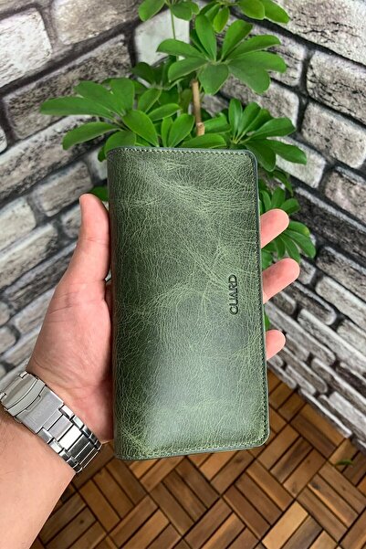 DERİJE محفظة رجالية من الجلد الأصلي باللون الأخضر العتيق مع مدخل للهاتف (T813)