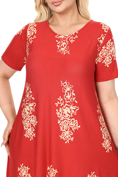 MELSAY Women's Short Sleeve Asymmetrical Pomegranate Flower Panel Pattern Large Size Dress