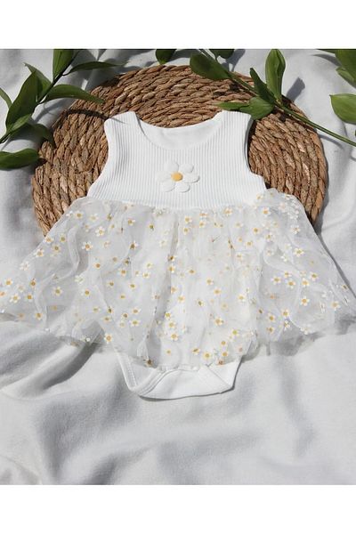 XORVİO Girl's Daisy Pattern Baby Tulle Snap Fastener Dress Summer Cotton Evening Dress Wedding Dress Gift Stylish
