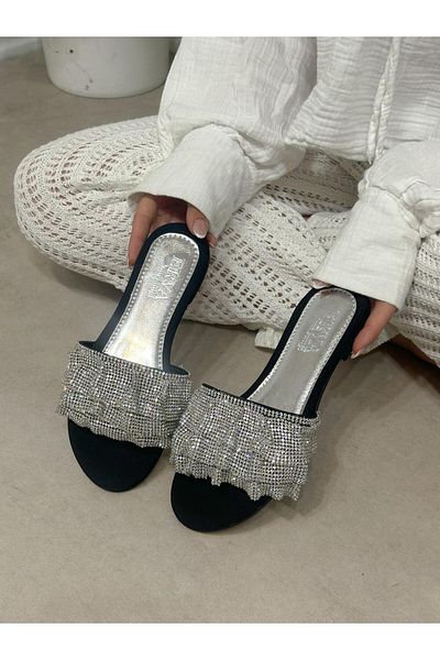 ERVANIN BUTİĞİ Black Suede (Snow) Silver Women's Slippers
